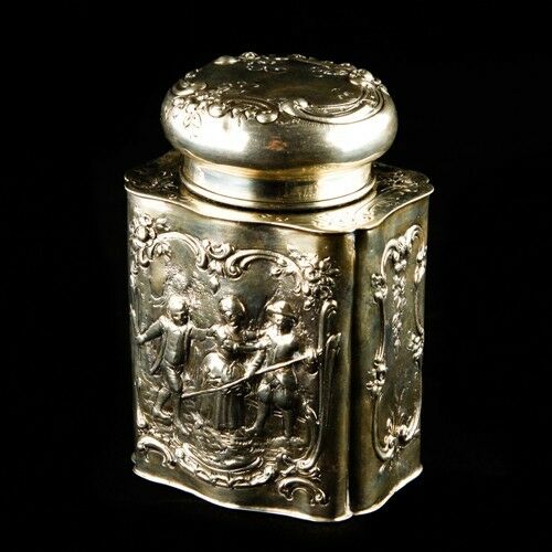 Antique German Repousse Tea Caddy Jar 800 Silver Scenes of Play w/ Lid 218.6g