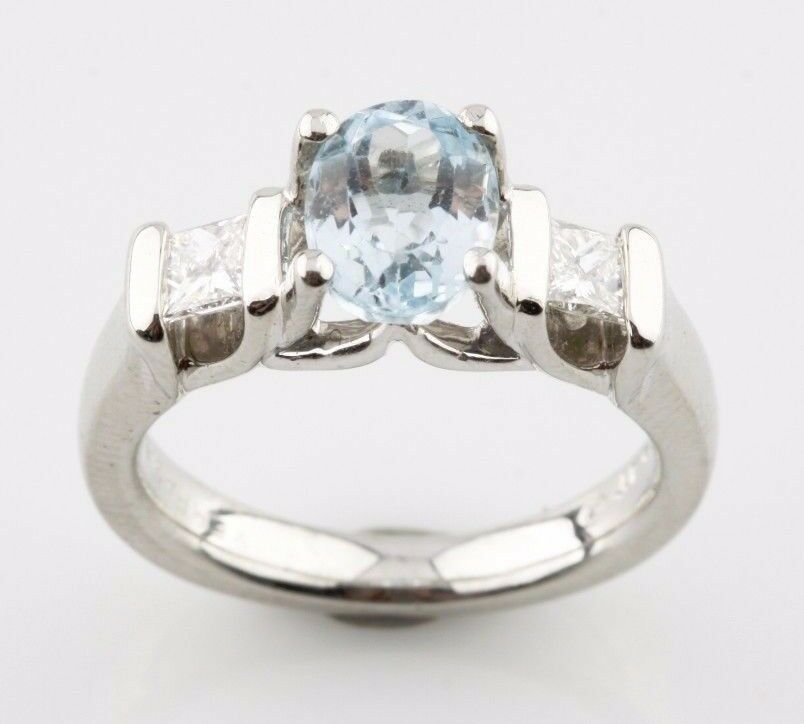 Platinum VERRAGIO 1.85 carat Oval Blue Topaz & Channel-Set Diamond Ring w/ CoA