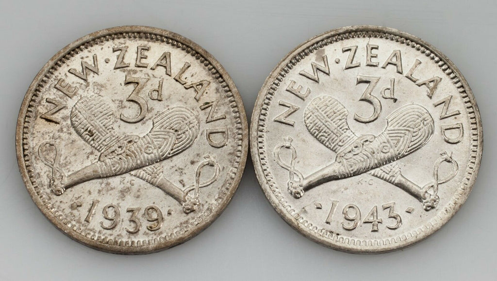 New Zealand 2 Coin Lot Silver 3 Pence 1939 + 1943 Uncirculated Condition