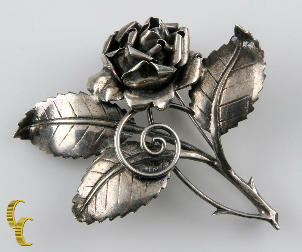 Vintage Sterling Silver Baur ING Rose Leaf Thorn Flower Brooch
