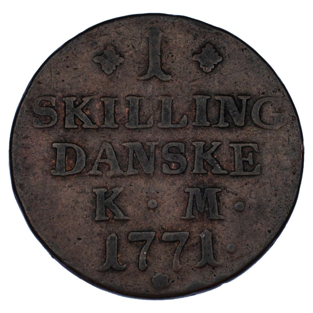 1771 Denmark 1 Skilling Coin In VF, KM# 616.1