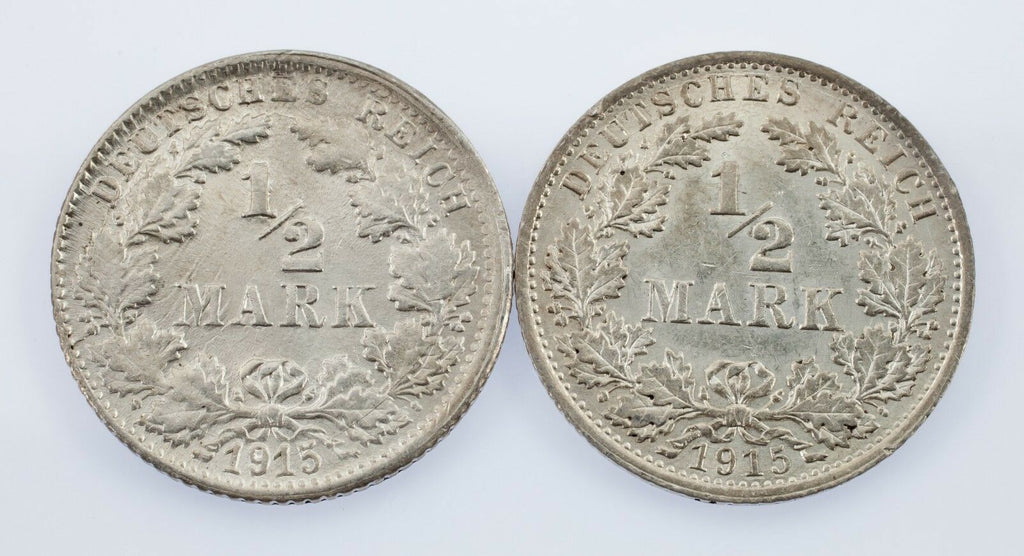 Lot of 2 German 1/2 Mark Coins (1915-A and 1915-F) AU - Uncirculated KM #17