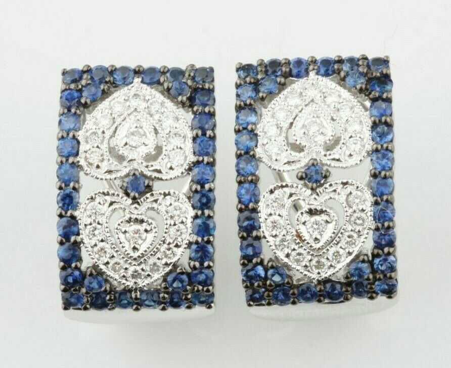 14k White Gold Diamond and Sapphire Plaque Huggie Earrings with Antiqued Accents