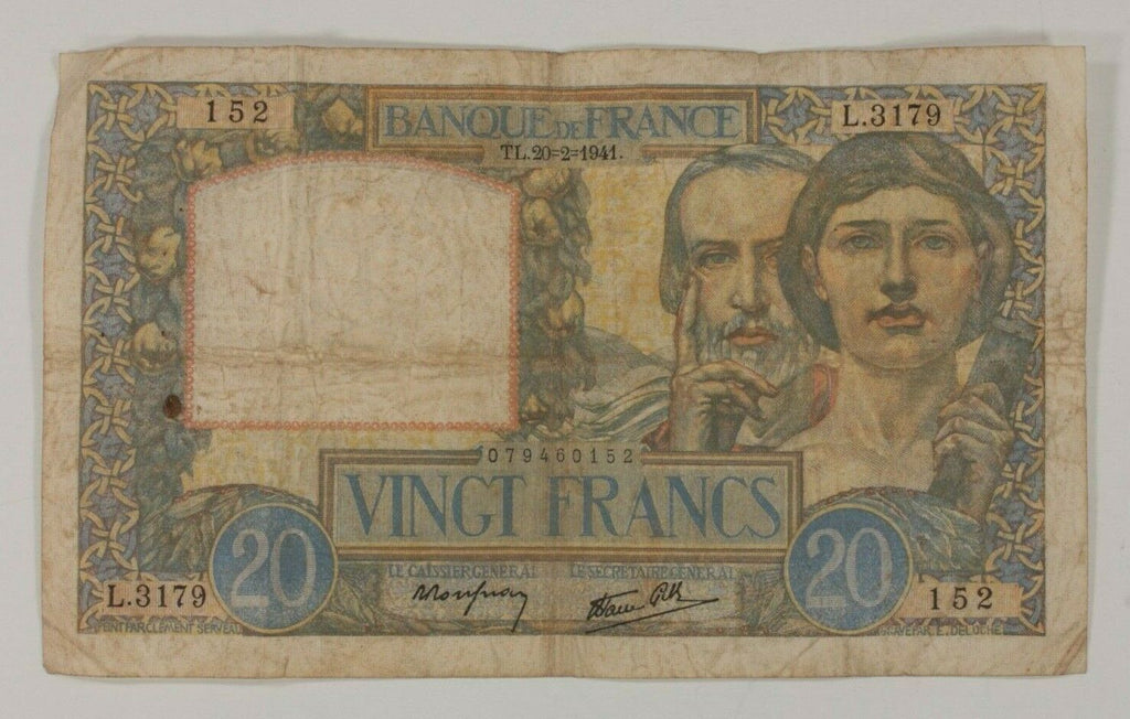 1941 France 20 Francs Note // "Science et Travail" Very Good Condition // P#92b