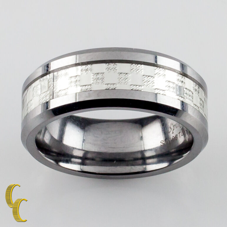Spikes-Tu Swiss Tungsten Band Ring w/ Checkerboard Design Size 8.25