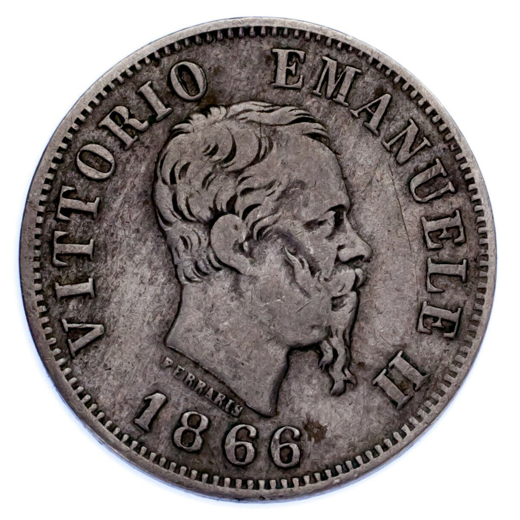 1866 Italy 50 Centesimi Coin (VF Condition) KM 14.1