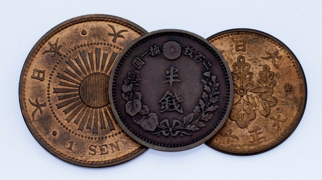 Lot of 3 Japanese Bronze & Copper Coins VF+ to BU Condition