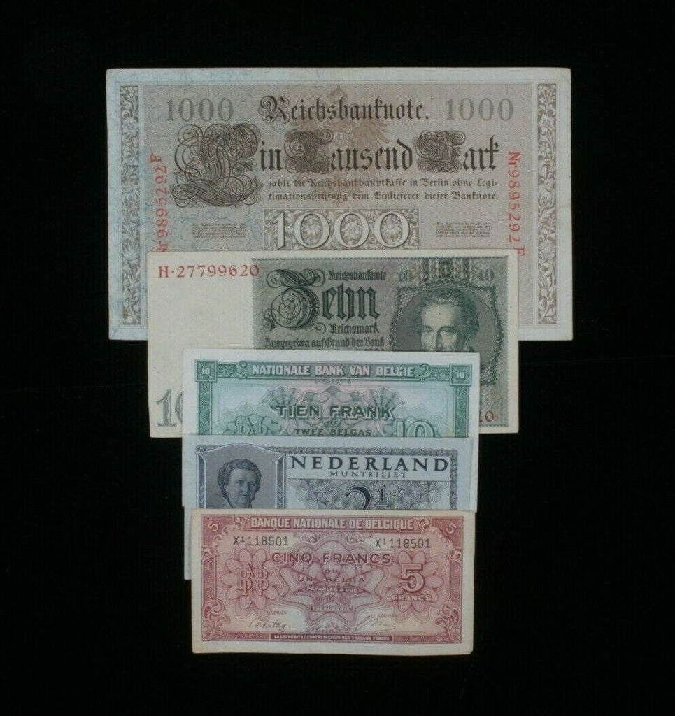 European Misc 5-Notes Lot // Belgium Francs, Germany Mark & Netherlands Gulden
