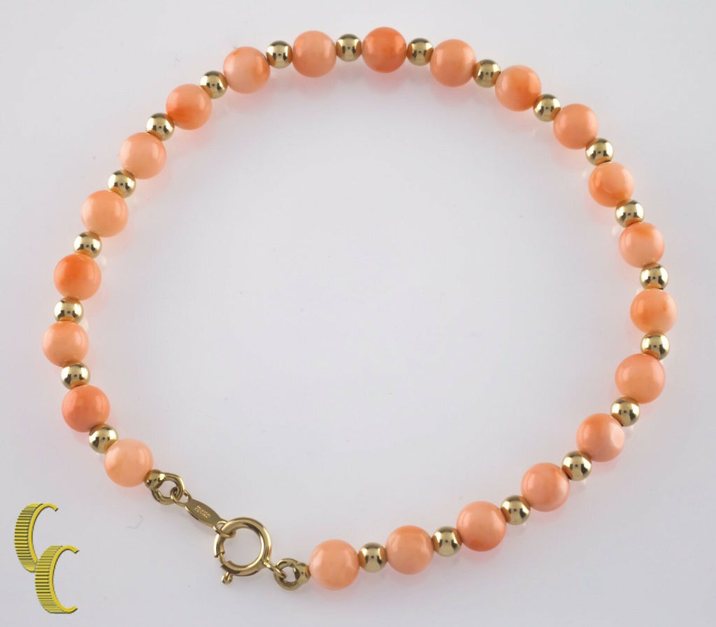 14k Yellow Gold Bead and Round Coral Bead Bracelet w/ Lobster Clasp 6.75" Long