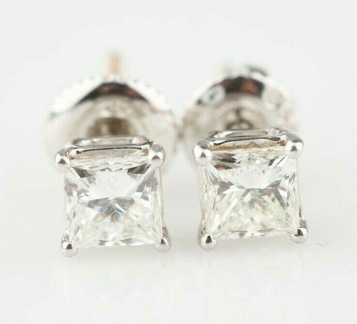 Gorgeous 1.01 Princess Cut Diamond Stud Earrings in 14k White Gold Screwbacks