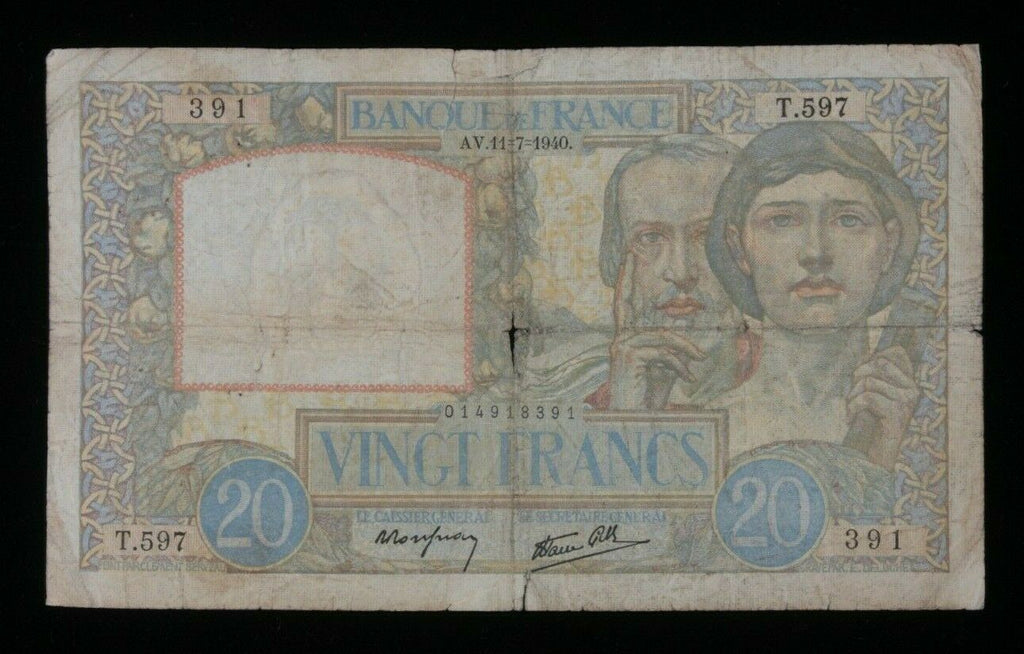 1940 France 20 Francs Note // Science et Travail // Banque de France (P#92a.4)