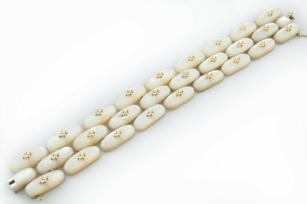 18k Yellow Gold and Mother-of-Pearl Link Bracelet Signed Angela Gorgeous Vintage