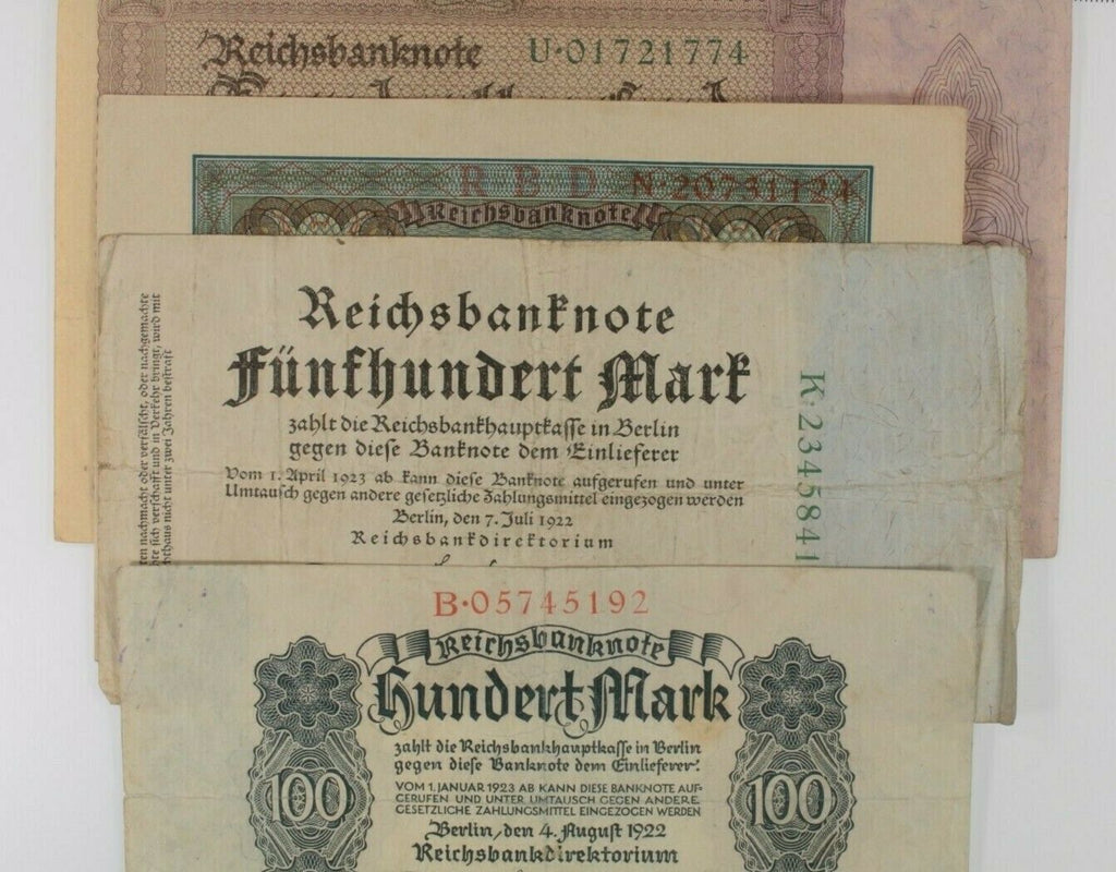 1920-1923 Germany 4-Notes Currency Set // Weimar Republic 100 500 & 100,000 Mark