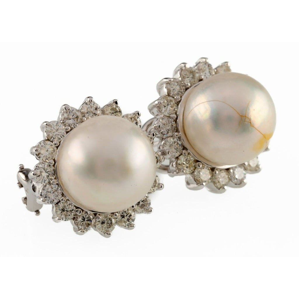 14k White Gold South Sea Cultured Pearl Earring Studs w/ Diamond Bezel & Cert