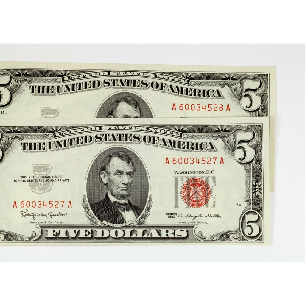 Lot of 2 Consecutive 1963 $5 Red Seal United States Notes Choice to Gem BU