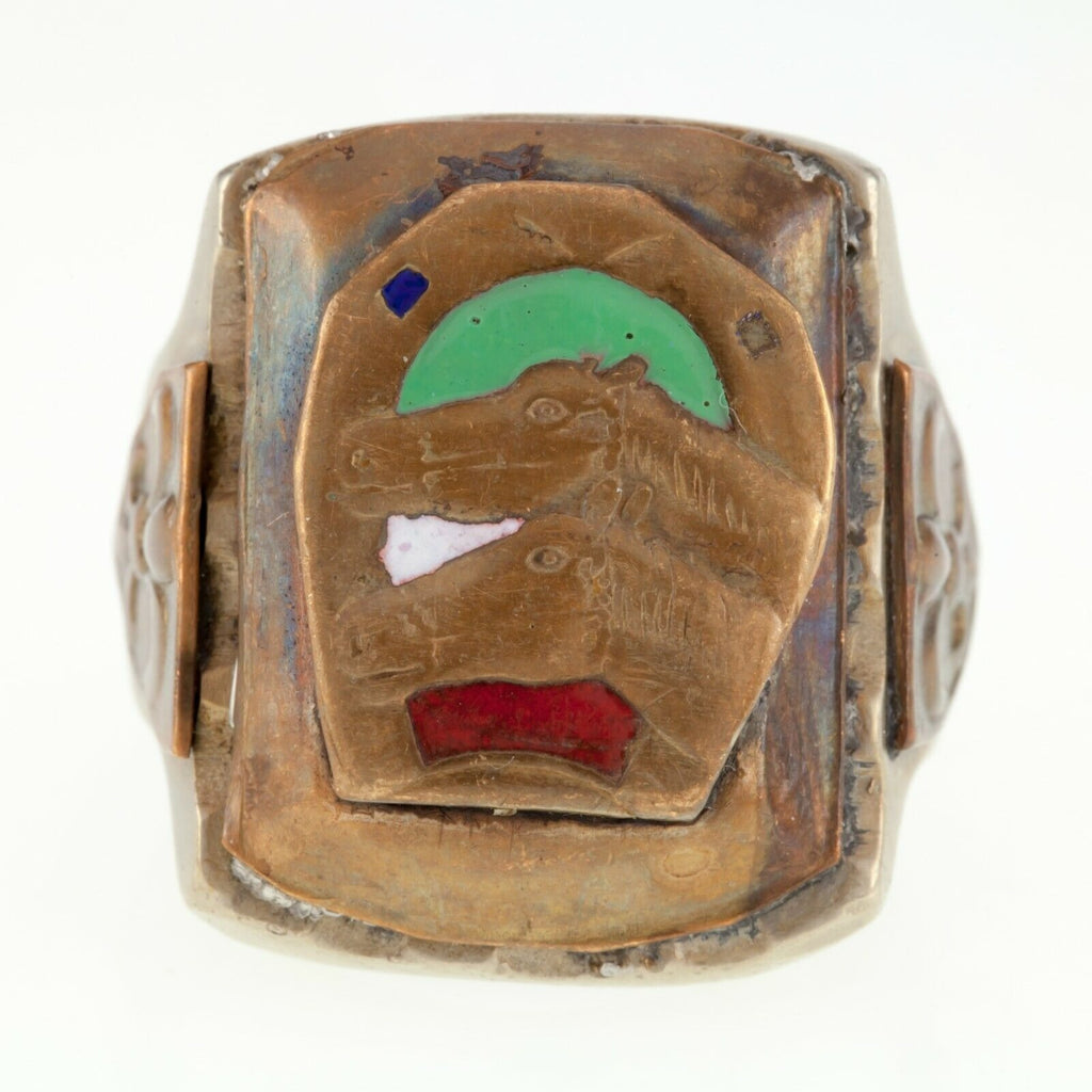 Mexican Biker Ring with Horses and Enamel Accents Size 11.5