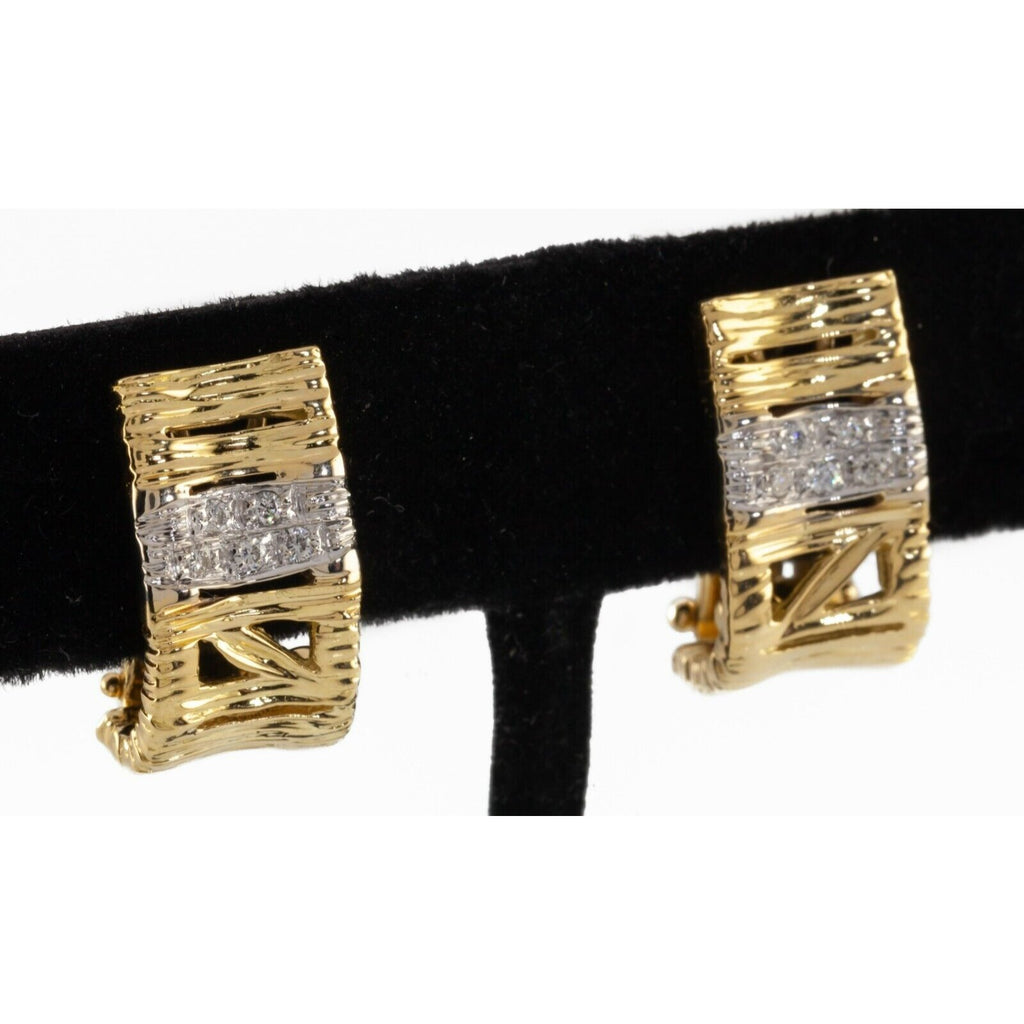 18k Two-Tone Gold Textured Huggie Earrings w/ Diamond Band Gorgeous!