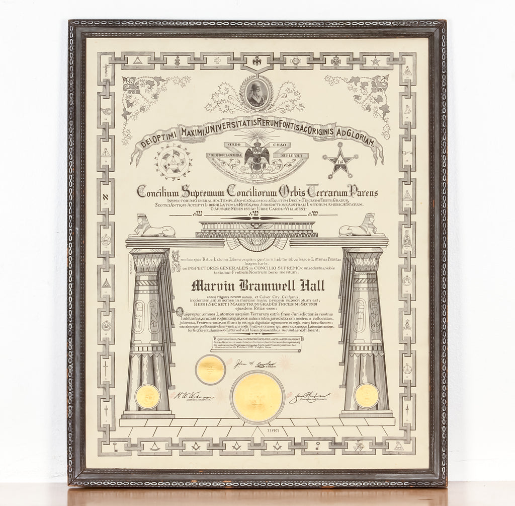 1929 Freemason Masonic Degree Certificate in Frame Gorgeous Memorabilia!