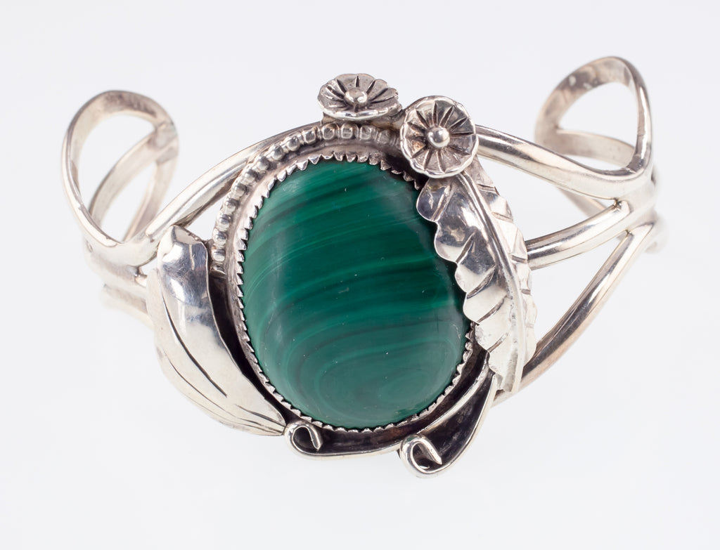 Sterling Silver Navajo Cuff Bracelet with Malachite Stone, CP