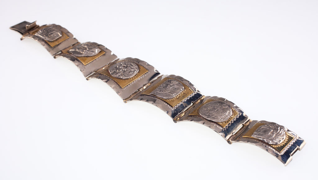 Vintage Taxco Two Tone Sterling Silver Aztec Warrior Bracelet