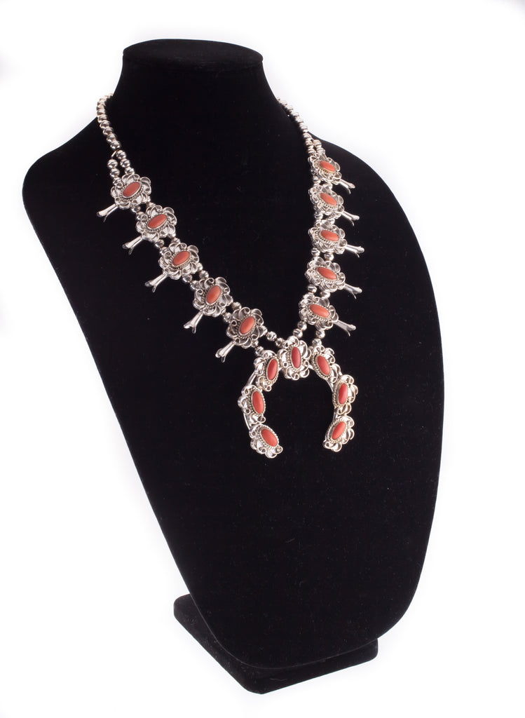 Navajo Sterling Silver Coral Squash Blossom Necklace