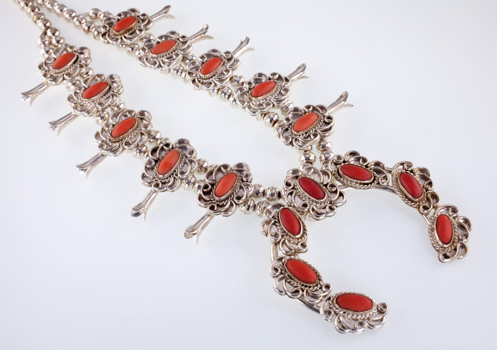 Navajo Sterling Silver Coral Squash Blossom Necklace