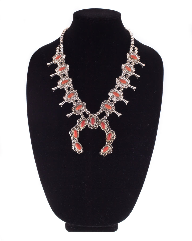 Navajo Sterling Silver Coral Squash Blossom Necklace