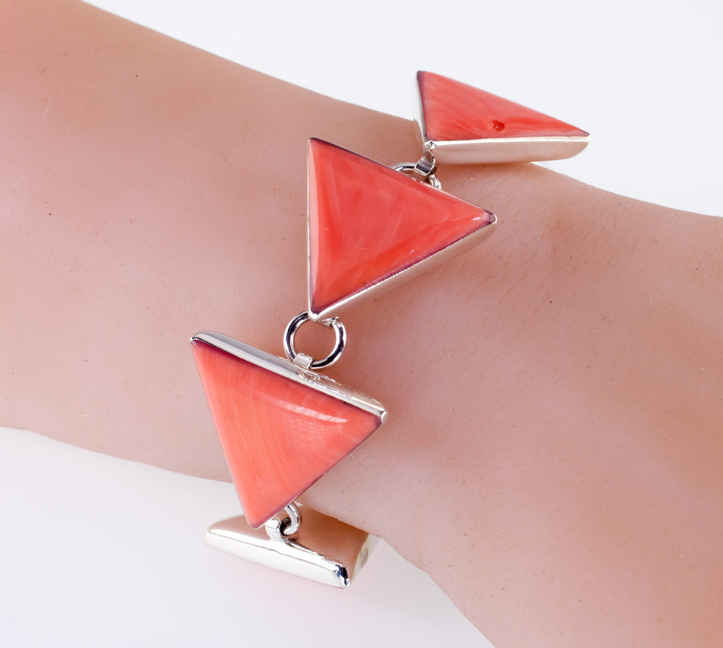Sterling Silver Fancy Triangle Coral Toggle Bracelet 8"