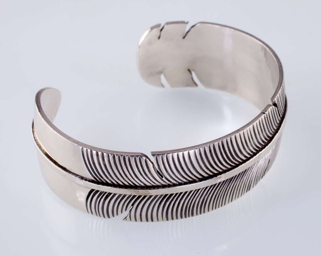 Amazing Vintage Navajo Silver Feather Cuff Bracelet Signed NM