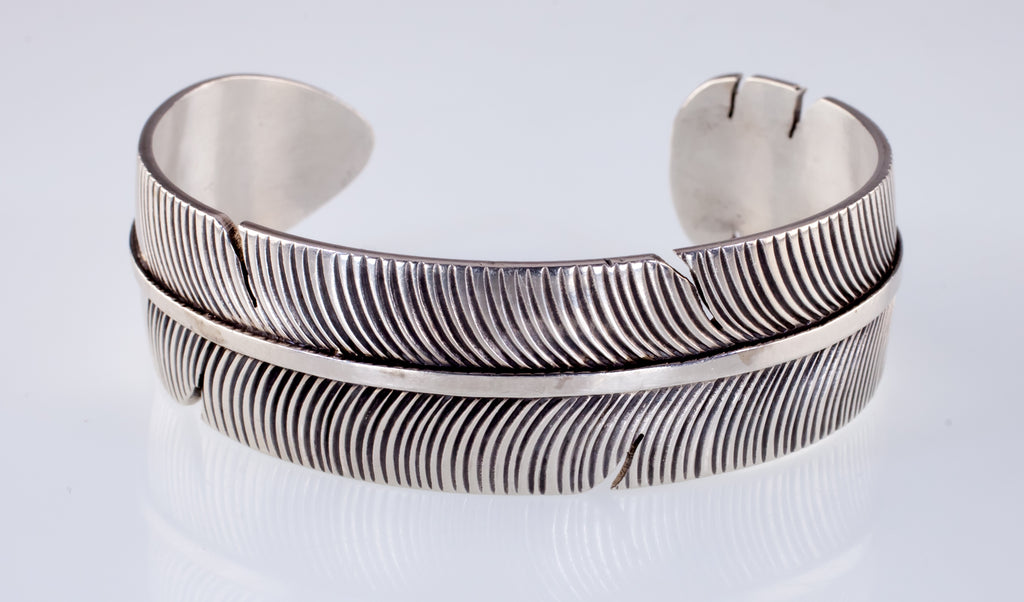 Amazing Vintage Navajo Silver Feather Cuff Bracelet Signed NM