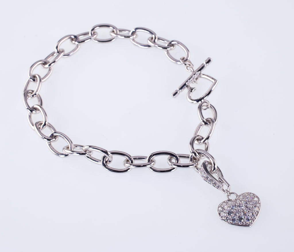Sterling Silver CZ Heart Charm Toggle Bracelet 7.50"