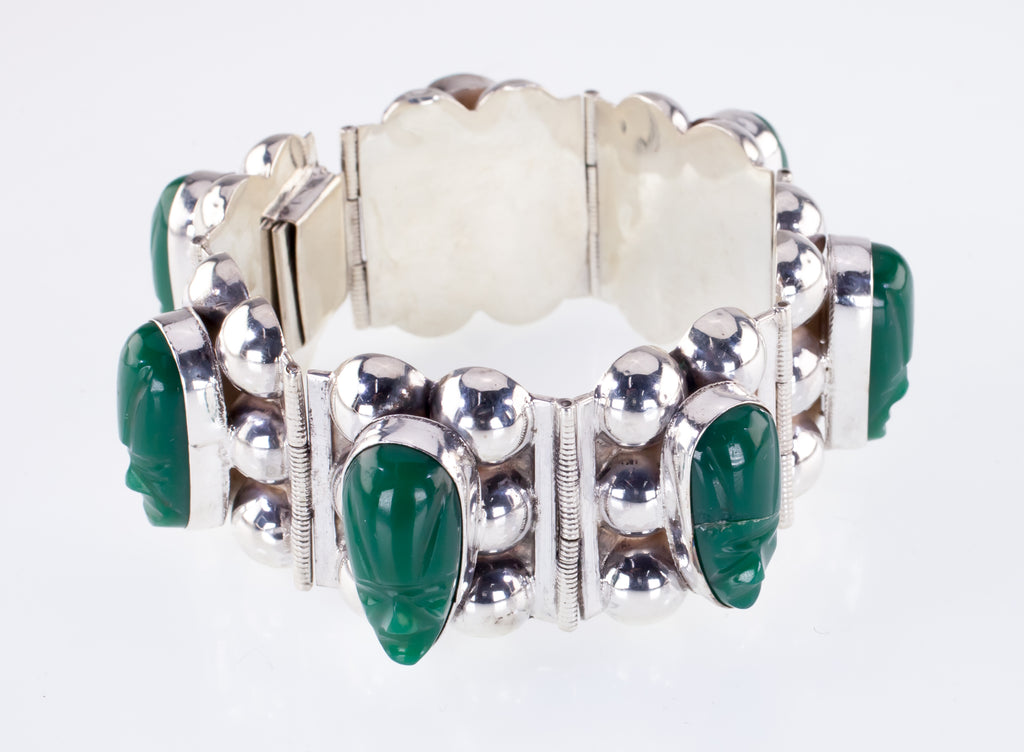Gorgeous Sterling Silver Green Jade Warrior Bracelet Made in Mexico