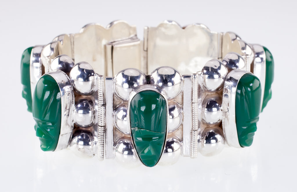 Gorgeous Sterling Silver Green Jade Warrior Bracelet Made in Mexico