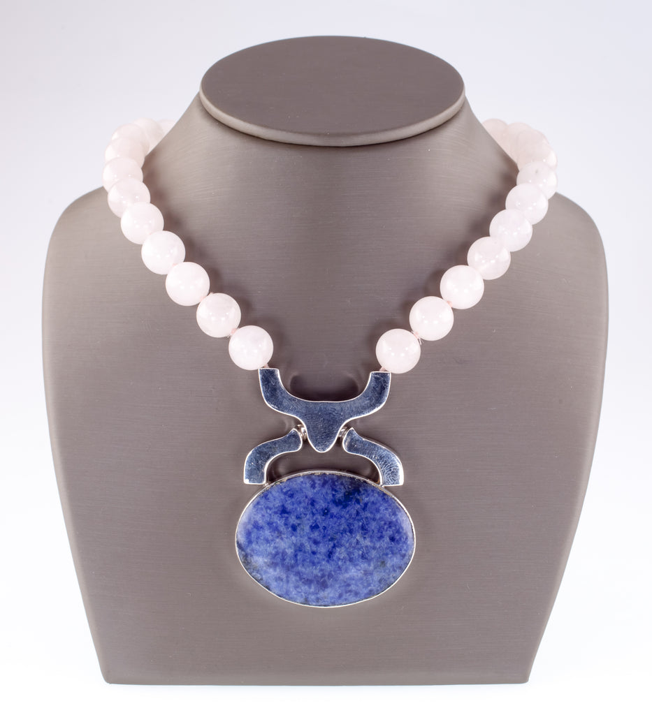Rigoberto Lapis lazuli with Pink Coral Beads Sterling Silver Necklace 20" Long
