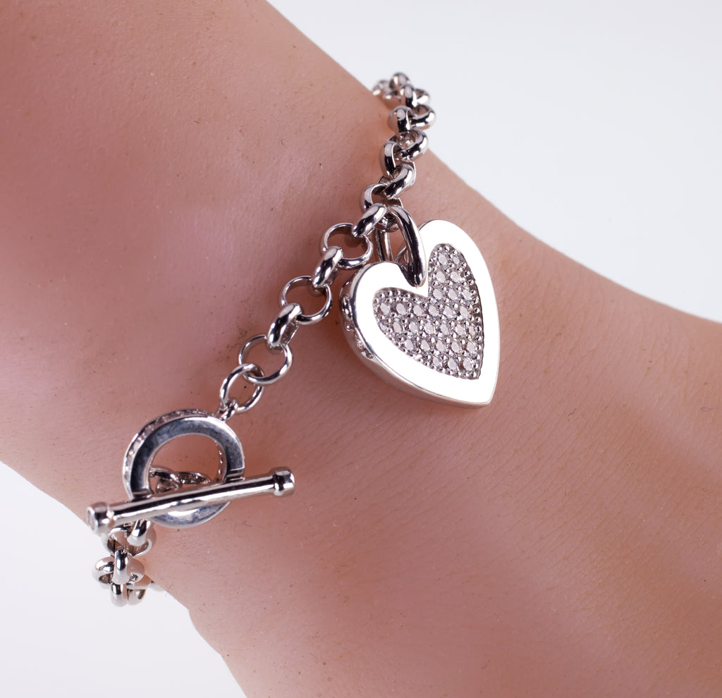 Sterling Silver Large CZ Heart Charm Toggle Bracelet 6.75"