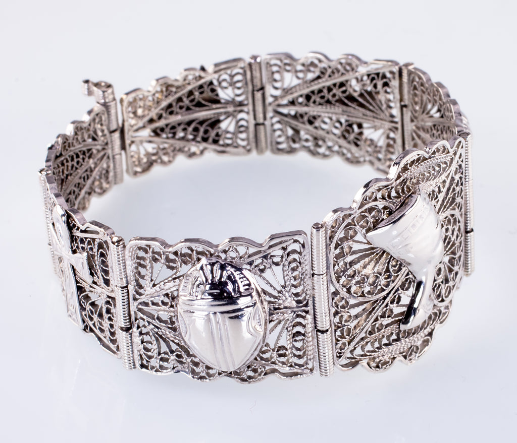 Vintage Egyptian Silver Filigree Bracelet 7.75"
