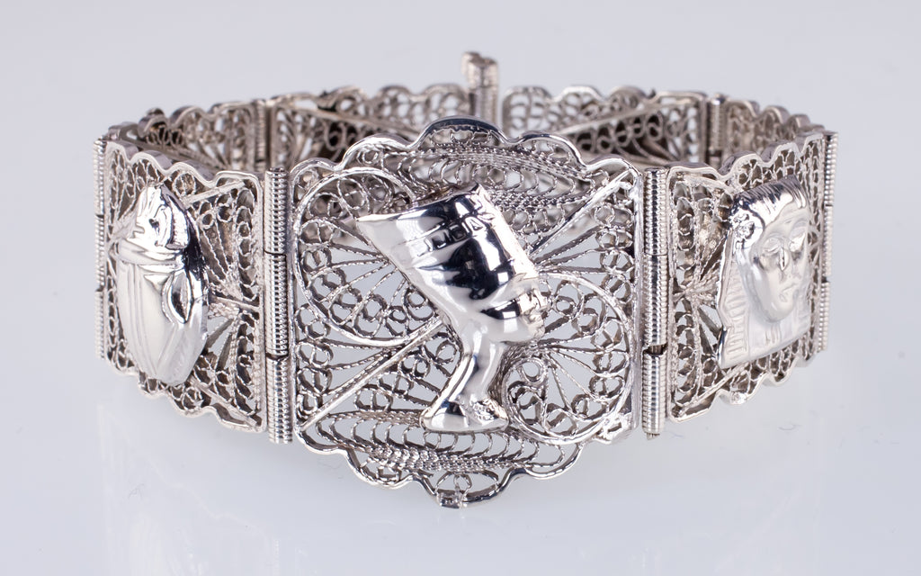 Vintage Egyptian Silver Filigree Bracelet 7.75"