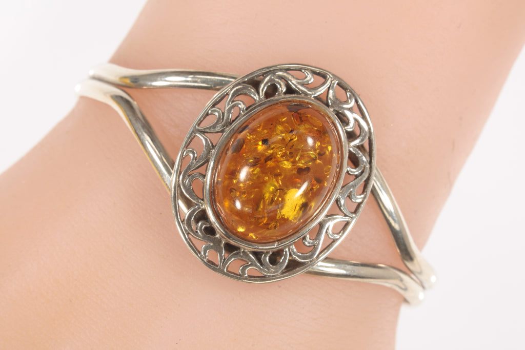 Vintage Sterling Silver Yellow Tone Amber Cuff Bracelet 20.4g