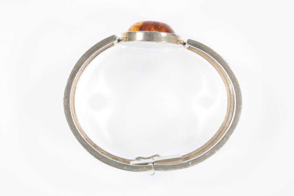 Vintage Sterling Silver Bezel Set Amber Bangle Bracelet 38.2g