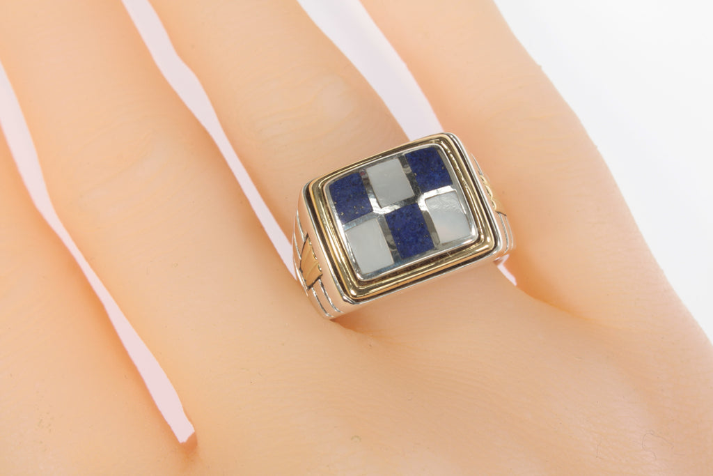 Asch Grossbart Sterling Silver 18k Gold Ring with Lapis & MOP Size 11.25