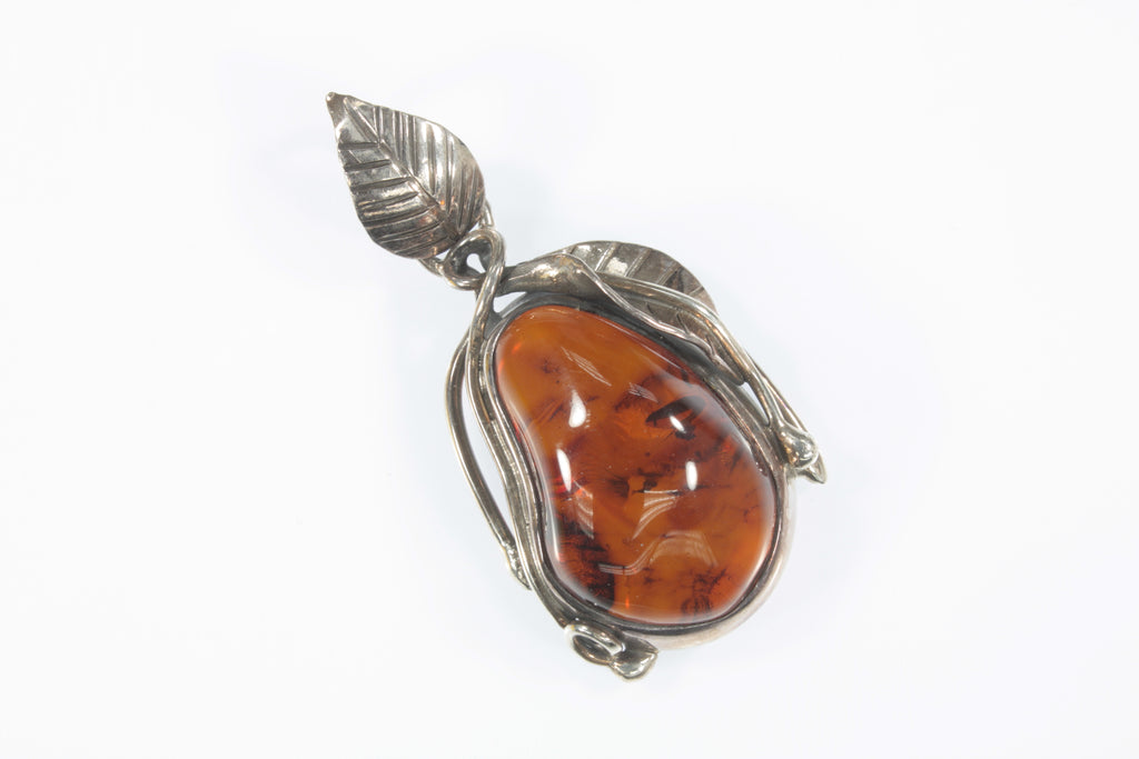 Vintage Sterling Silver Amber and leaves Pendant 16.4g