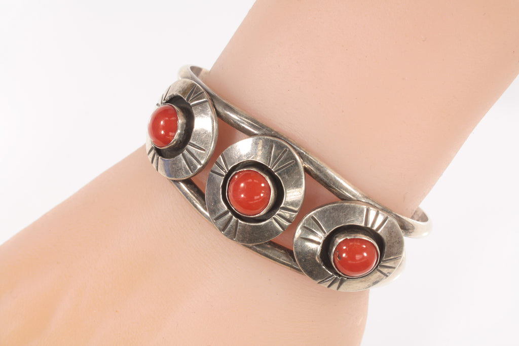 Navajo Sterling Silver Red Coral Cuff Bracelet Gorgeous!