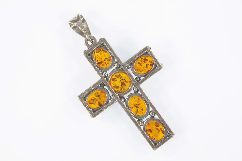 Vintage Baltic Amber Cross Pendant Set in Sterling Silver 9.1g