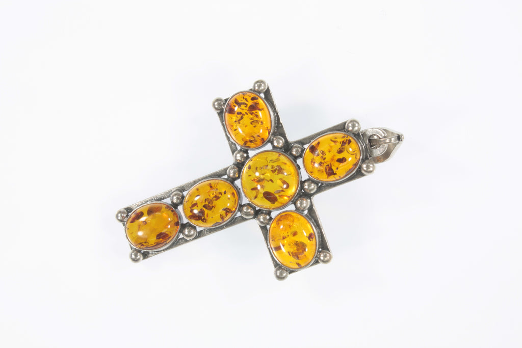 Vintage Baltic Amber Cross Pendant Set in Sterling Silver 9.1g
