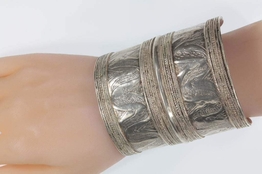 Antique Wide Afghan Engraved Silver Cuff Bracelets 116.9g
