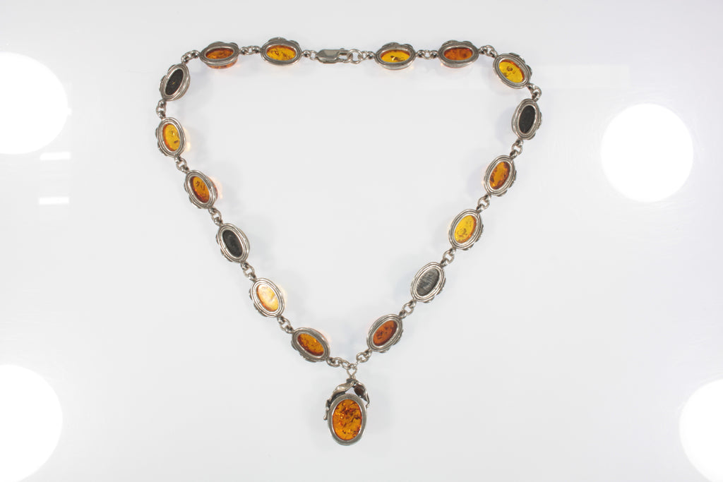 Vintage Multi Color Amber Sterling Silver Leaves Setting Necklace 15"