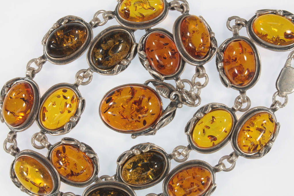 Vintage Multi Color Amber Sterling Silver Leaves Setting Necklace 15"