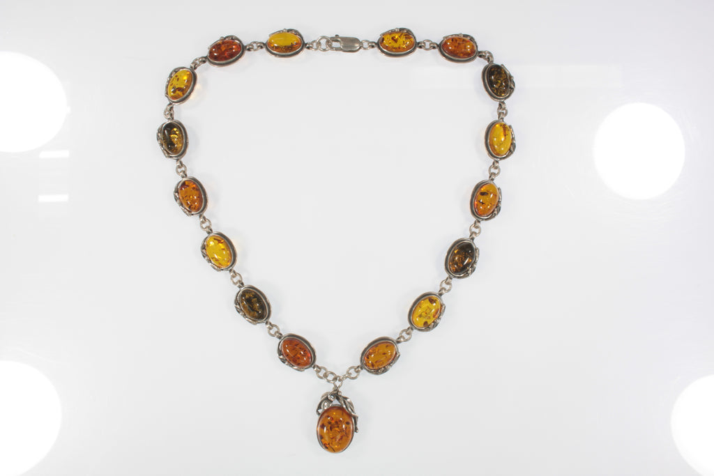 Vintage Multi Color Amber Sterling Silver Leaves Setting Necklace 15"