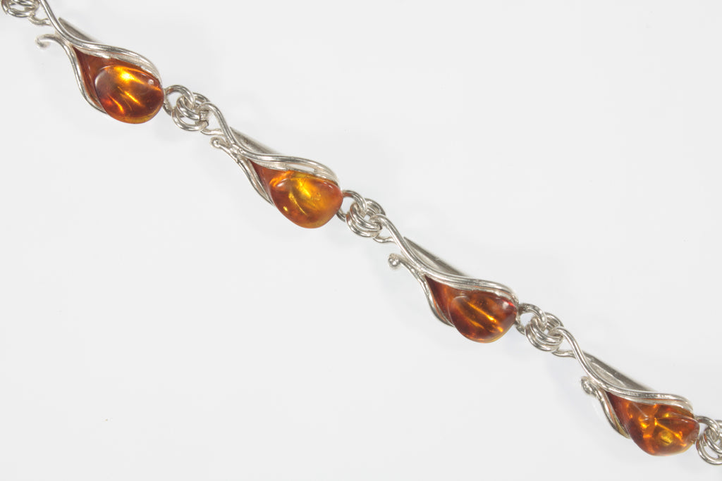 Eight Amber Flower Link Statement Piece Sterling Silver Bracelet 7.50"!