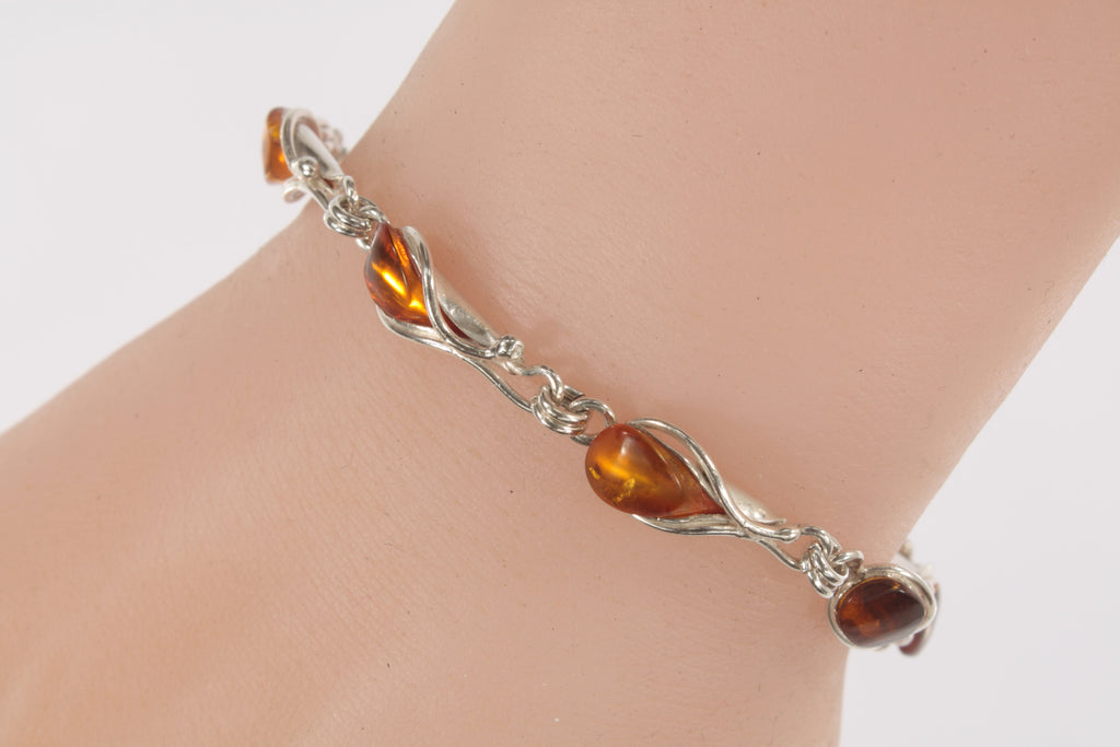 Eight Amber Flower Link Statement Piece Sterling Silver Bracelet 7.50"!